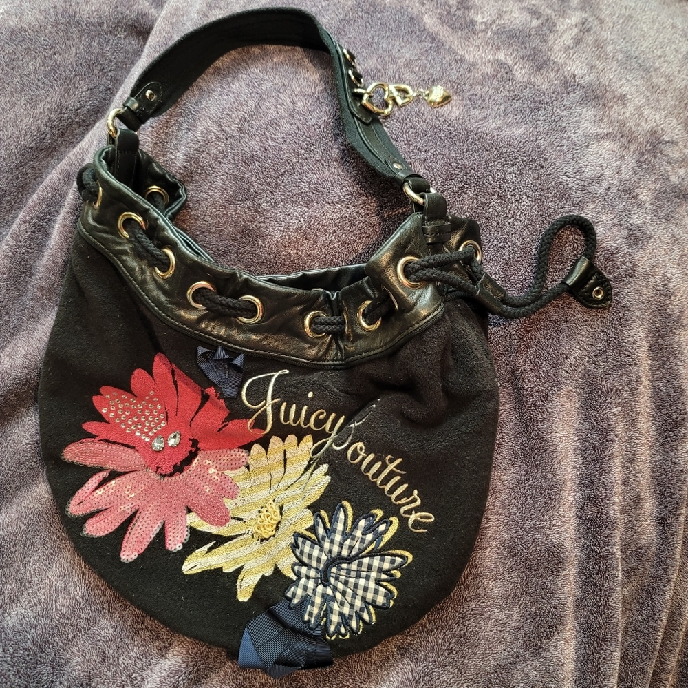 Vintage Juicy Couture black floral terry cloth sparkle bag
